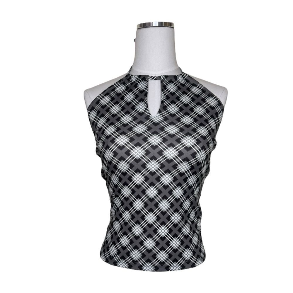 Y2K Necessary Objects Black, White + Gray Geometric Plaid Halter Top Size Medium